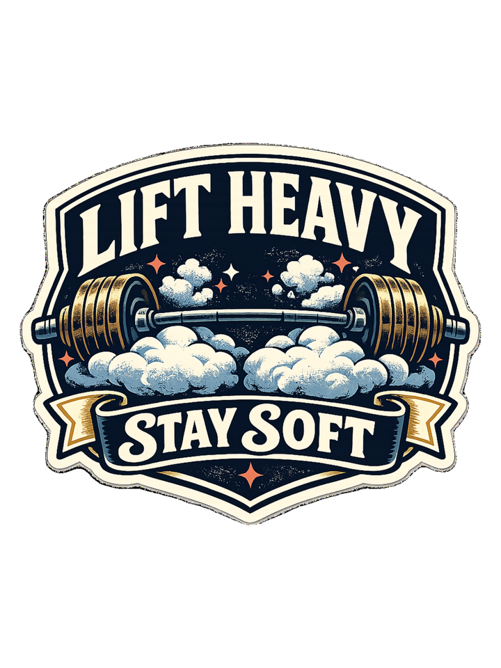 A funny vintage gym badge tee for lifters who train heavy and keep a soft heart. — gym & lifting t-shirt design by Reggie
