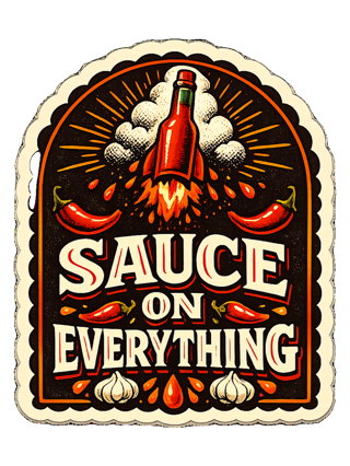 A bold vintage hot sauce label tee for the person who puts sauce on everything. — art by sol