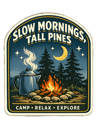 Slow Mornings, Tall Pines Tee — art by reggie