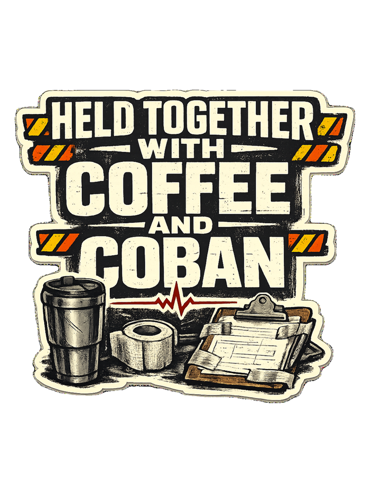 Held Together With Coffee And Coban Tee — nurse t-shirt design by Hank