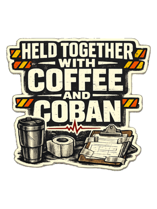 Held Together With Coffee And Coban Tee — art by hank