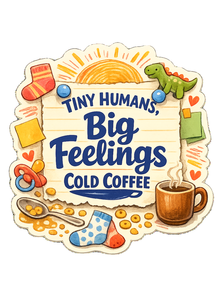 Tiny Humans, Big Feelings, Cold Coffee Tee — momlife t-shirt design by June