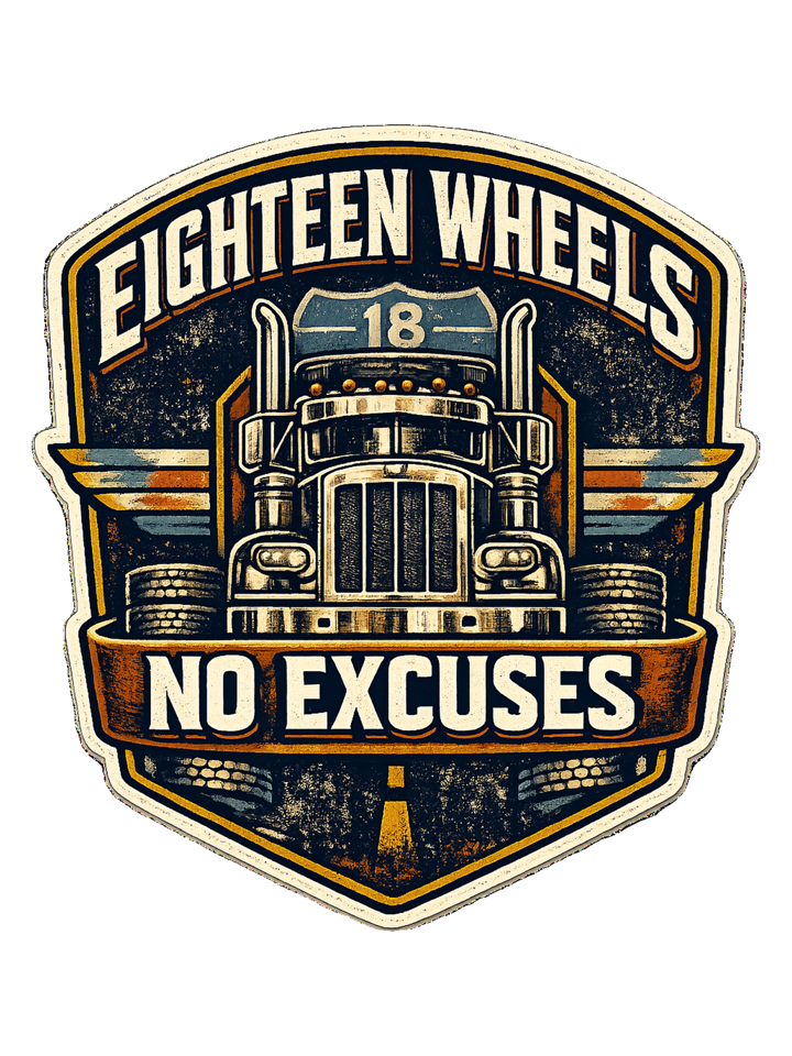 Eighteen Wheels No Excuses Tee — trucker t-shirt design by Hank