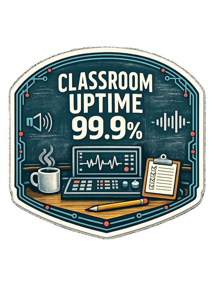 Classroom Uptime 99.9% Tee — teacher t-shirt design by June