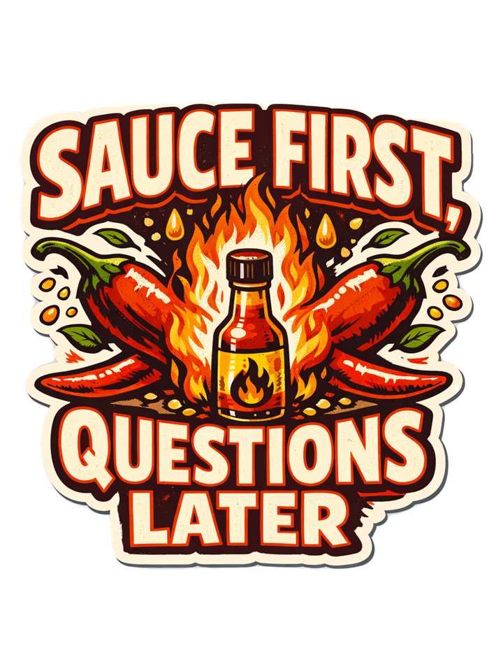 Sauce First, Questions Later Tee — hot sauce t-shirt design by Sol