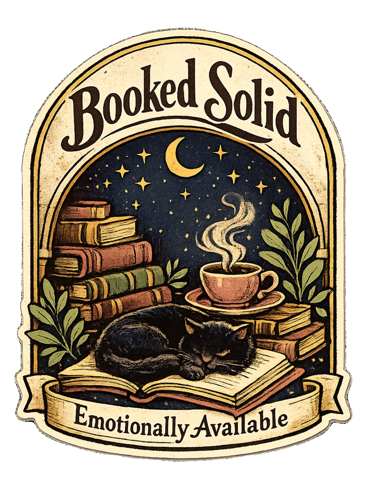 Booked Solid, Emotionally Available Tee — book lover t-shirt design by Margaux