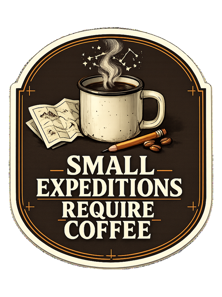 Small Expeditions Require Coffee Tee — coffee lover t-shirt design by Sol
