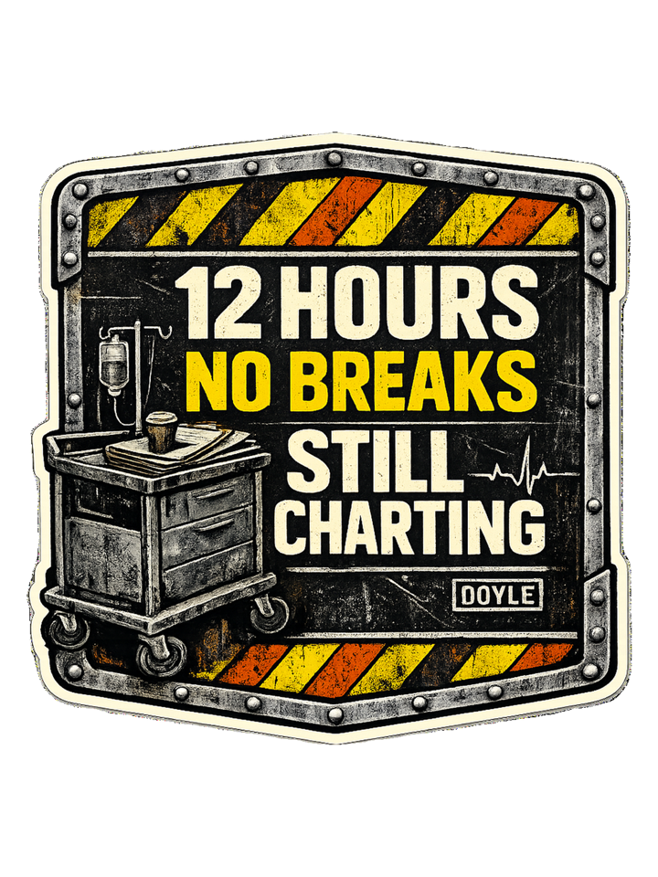12 Hours No Breaks Still Charting Tee — nurse t-shirt design by Hank