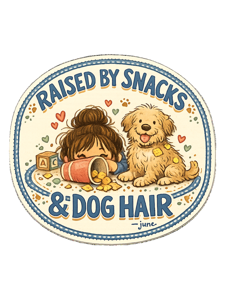 Raised By Snacks & Dog Hair Tee — momlife t-shirt design by June