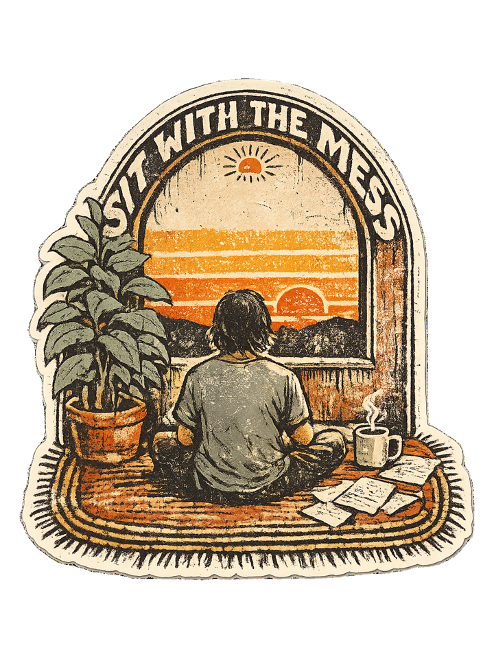 Sit With The Mess Tee — meditation t-shirt design by Margaux