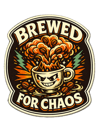A bold retro coffee badge tee for anyone who is fully brewed for chaos. — art by sol
