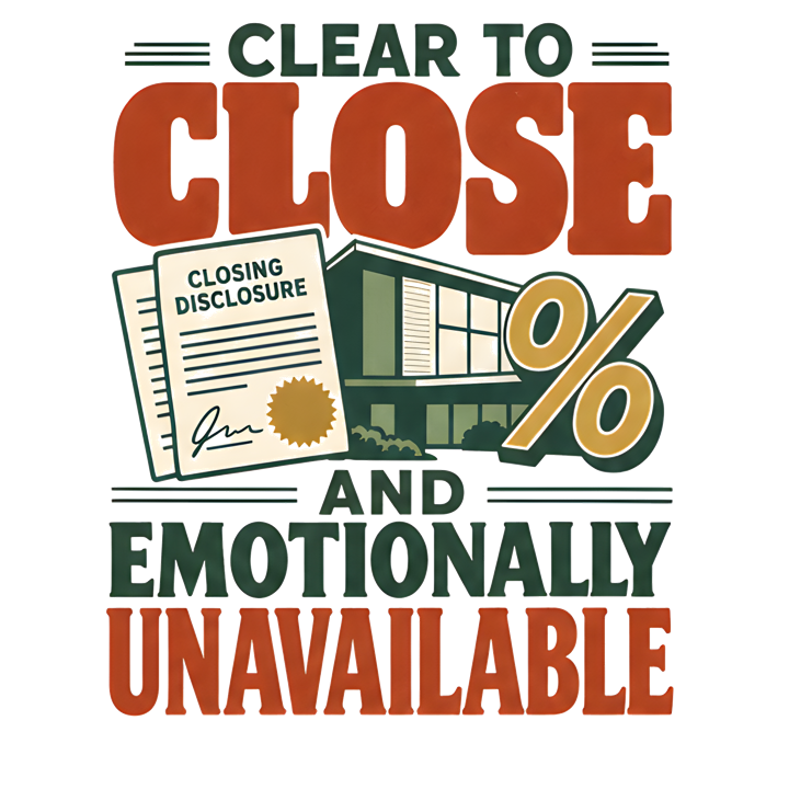 CLEAR TO CLOSE AND EMOTIONALLY UNAVAILABLE — mortgage t-shirt design by Bazzai Studio
