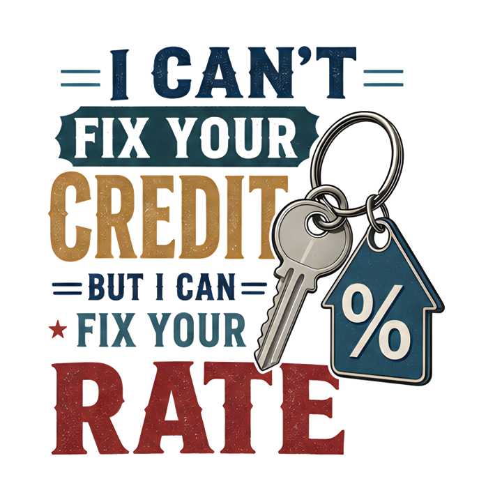 I CAN'T FIX YOUR CREDIT BUT I CAN FIX YOUR RATE — mortgage t-shirt design by Bazzai Studio