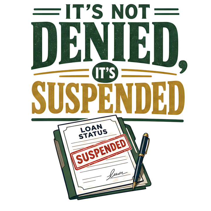 IT'S NOT DENIED, IT'S SUSPENDED — mortgage t-shirt design by Bazzai Studio