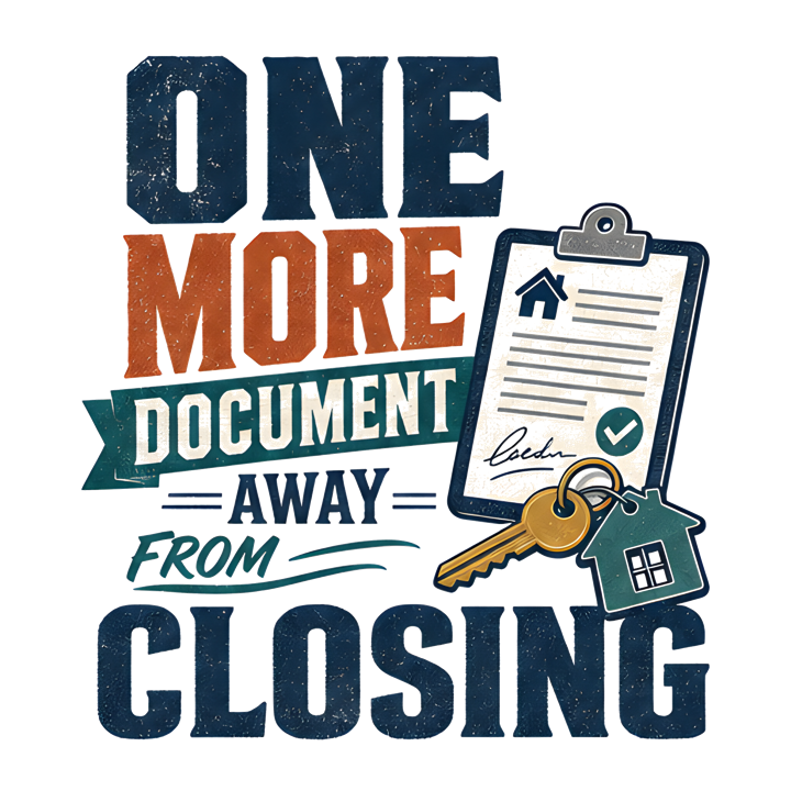 ONE MORE DOCUMENT AWAY FROM CLOSING — mortgage t-shirt design by Bazzai Studio