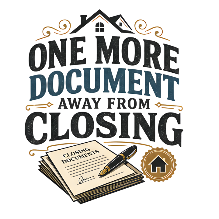 ONE MORE DOCUMENT AWAY FROM CLOSING — mortgage t-shirt design by Bazzai Studio