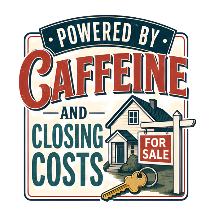 POWERED BY CAFFEINE AND CLOSING COSTS — mortgage t-shirt design by Bazzai Studio