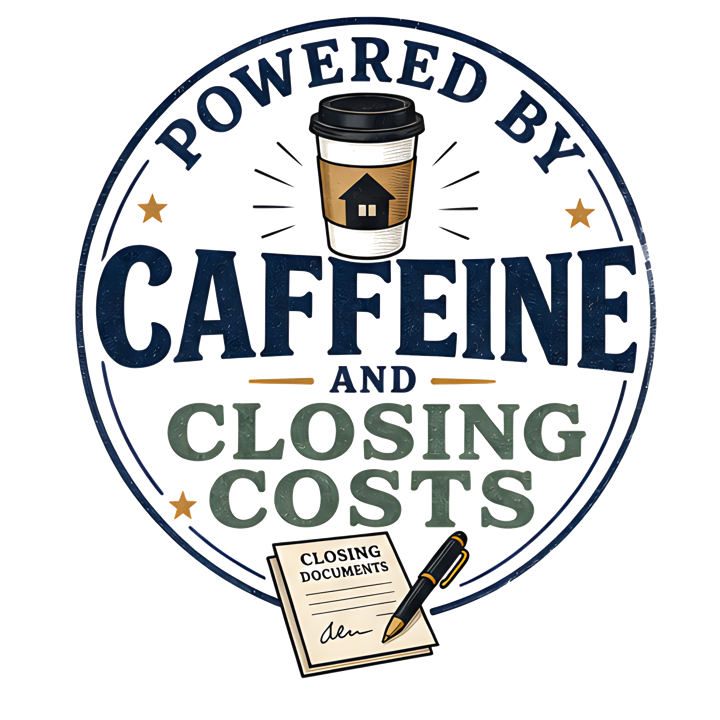 POWERED BY CAFFEINE AND CLOSING COSTS — mortgage t-shirt design by Bazzai Studio