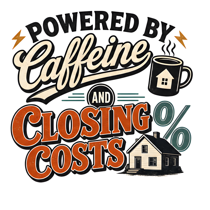 POWERED BY CAFFEINE AND CLOSING COSTS — mortgage t-shirt design by Bazzai Studio